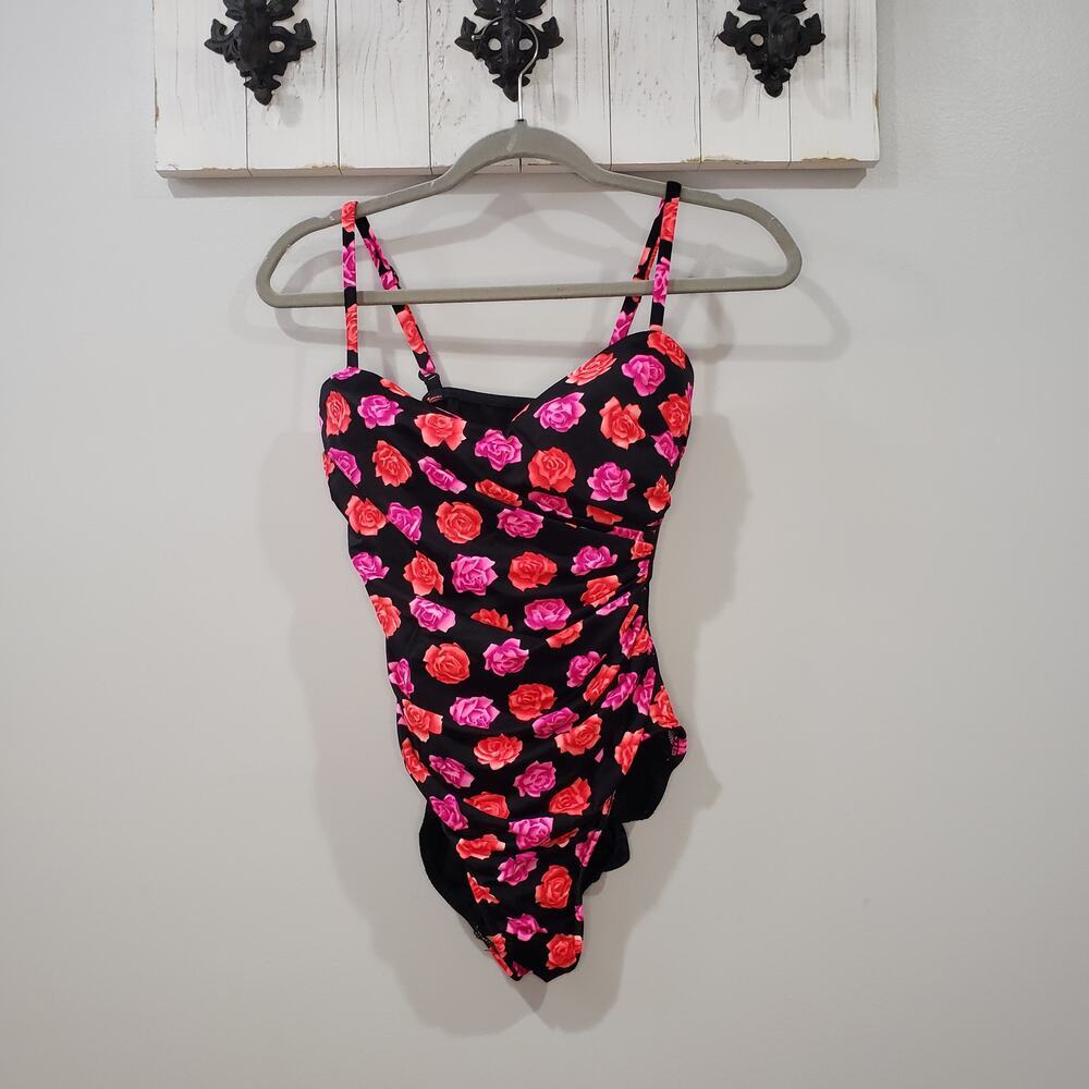Miraclesuit One Piece Swimsuit 10 Black Rose Print Tummy Control Slimming